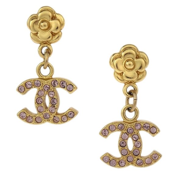 Chanel Dangle CC Piercing Earrings Gold Rhinestone - Picture 1 of 4